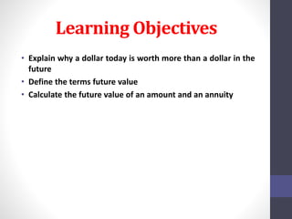 Learning Objectives 
• Explain why a dollar today is worth more than a dollar in the 
future 
• Define the terms future value 
• Calculate the future value of an amount and an annuity 
 