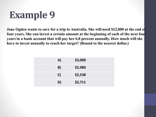 Example 9 
Jane Ogden wants to save for a trip to Australia. She will need $12,000 at the end of 
four years. She can invest a certain amount at the beginning of each of the next four 
years in a bank account that will pay her 6.8 percent annually. How much will she 
have to invest annually to reach her target? (Round to the nearest dollar.) 
A) $3,000 
B) $2,980 
C) $2,538 
D) $2,711 
 
