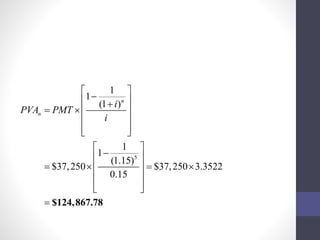   
    
   
5 
1 
1 
(1 ) 
n 
1 
1 
(1.15) 
$37,250 $37,250 3.3522 
0.15 
n 
i 
PVA PMT 
i 
  
  
  
   
      
  
  
 $124,867.78 
 
