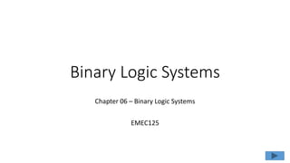 Binary Logic Systems
Chapter 06 – Binary Logic Systems
EMEC125
 