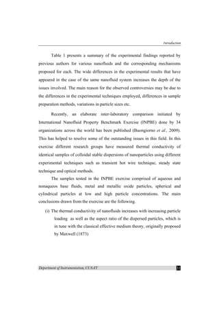 Introduction
Department of Instrumentation, CUSAT 31
Table 1 presents a summary of the experimental findings reported by
previous authors for various nanofluids and the corresponding mechanisms
proposed for each. The wide differences in the experimental results that have
appeared in the case of the same nanofluid system increases the depth of the
issues involved. The main reason for the observed controversies may be due to
the differences in the experimental techniques employed, differences in sample
preparation methods, variations in particle sizes etc.
Recently, an elaborate inter-laboratory comparison initiated by
International Nanofluid Property Benchmark Exercise (INPBE) done by 34
organizations across the world has been published (Buongiorno et al., 2009).
This has helped to resolve some of the outstanding issues in this field. In this
exercise different research groups have measured thermal conductivity of
identical samples of colloidal stable dispersions of nanoparticles using different
experimental techniques such as transient hot wire technique, steady state
technique and optical methods.
The samples tested in the INPBE exercise comprised of aqueous and
nonaqueos base fluids, metal and metallic oxide particles, spherical and
cylindrical particles at low and high particle concentrations. The main
conclusions drawn from the exercise are the following.
(i) The thermal conductivity of nanofluids increases with increasing particle
loading as well as the aspect ratio of the dispersed particles, which is
in tune with the classical effective medium theory, originally proposed
by Maxwell (1873)
 