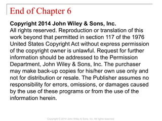 Copyright 2014 John Wiley & Sons, Inc.
All rights reserved. Reproduction or translation of this
work beyond that permitted in section 117 of the 1976
United States Copyright Act without express permission
of the copyright owner is unlawful. Request for further
information should be addressed to the Permission
Department, John Wiley & Sons, Inc. The purchaser
may make back-up copies for his/her own use only and
not for distribution or resale. The Publisher assumes no
responsibility for errors, omissions, or damages caused
by the use of these programs or from the use of the
information herein.
End of Chapter 6
Copyright © 2014 John Wiley & Sons, Inc. All rights reserved.
 
