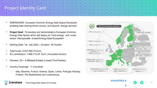 enershare.e
u
The Energy Data Space for Europe
• ENERSHARE- European Common Energy Data Space framework
enabling data sharing-driven across- and beyond- energy services
• Project Goal - To develop and demonstrate a European Common
Energy Data Space which will deploy an ‘intra-energy’ and ‘cross-
sector’ interoperable trusted Energy Data Ecosystem
• Starting Date: 1st July 2022 – Duration: 36 months
• Total Costs: 9.537.658,75 Euro,
• EU contribution: 7.999.712,00 Euro (Innovation Action)
• Partners: 29 + 2 Affiliated Entities (Linked Third Parties)
• Country Coverage: 11 Countries
• Italy, Slovenia, France, Greece, Spain, Latvia, Portugal, Norway,
Finland, The Netherlands and Luxembourg
Project Identity Card
15
 