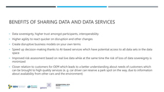 BENEFITS OF SHARING DATA AND DATA SERVICES
• Data sovereignty, higher trust amongst participants, interoperability
• Higher agility to react quicker on disruption and other changes
• Create disruptive business models on your own terms
• Speed up decision-making thanks to AI-based services which have potential access to all data sets in the data
space
• Improved risk assessment based on real live data while at the same time the risk of loss of data sovereignty is
minimized
• Closer relation to customers for OEM which leads to a better understanding about needs of customers which
can be brought to high quality services (e. g. car driver can reserve a park spot on the way, due to information
about availability from other cars and the environment)
 