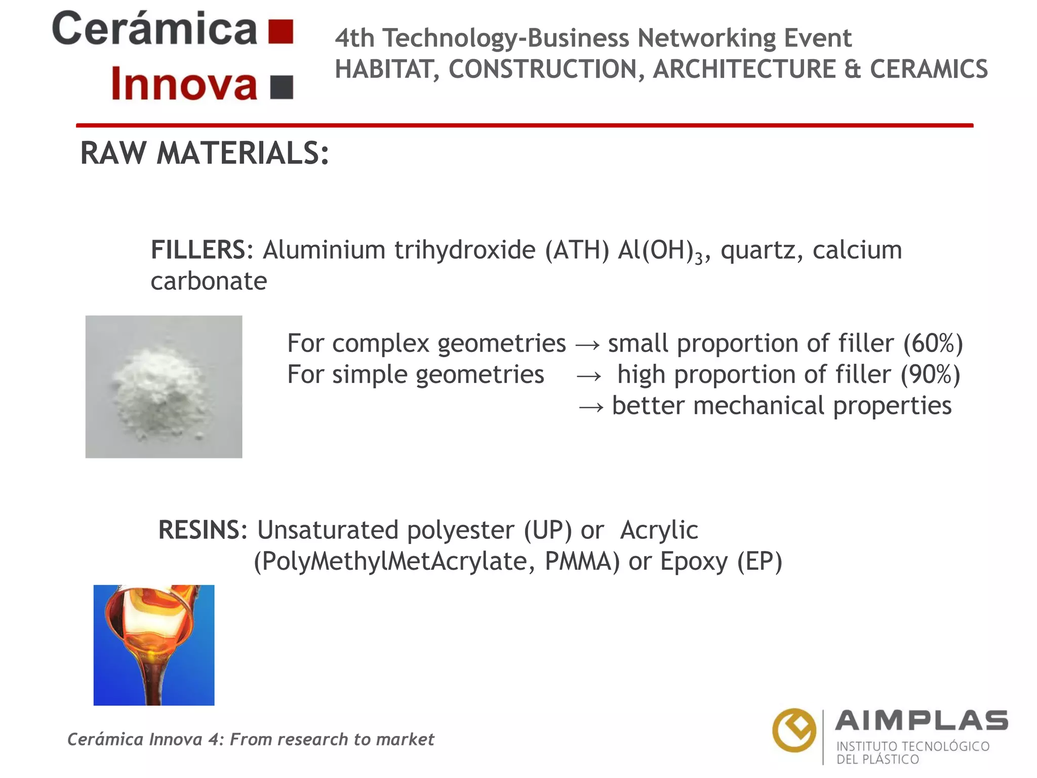 4th Technology-Business Networking Event
HABITAT, CONSTRUCTION, ARCHITECTURE & CERAMICS

RAW MATERIALS:
FILLERS: Aluminium trihydroxide (ATH) Al(OH)3, quartz, calcium
Organizers:
carbonate

Supporters:

For complex geometries → small proportion of filler (60%)
For simple geometries → high proportion of filler (90%)
→ better mechanical properties

RESINS: Unsaturated polyester (UP) or Acrylic
(PolyMethylMetAcrylate, PMMA) or Epoxy (EP)

NAME OF THE SPEAKER, POSITION IN THE COMPANY and ROLE IN THE PROJECT

Cerámica Innova 4: From research to market

Logo of the
entity

 