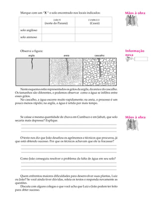 Marque com um “X “ o solo encontrado nos locais indicados:
                     X                                                                                                                     MãosLàAobra
                                                                                                                                            A U

                                                  JABUTI
                                      (norte do Paraná)
                                                                                                 CUMBUCO
                                                                                                    (Ceará)                                  6
      solo argiloso

      solo arenoso



      Observe a figura:                                                                                                                    Informação
                 argila                                         areia                                     cascalho                         nova




    Neste esquema estão representados os grãos da argila, da areia e do cascalho.
Os tamanhos são diferentes, e podemos observar como a água se infiltra entre
esses grãos.
    No cascalho, a água escorre muito rapidamente; na areia, o processo é um
pouco menos rápido; na argila, a água é retida por mais tempo.



    Se caísse a mesma quantidade de chuva em Cumbuco e em Jabuti, que solo                                                                 Mãos à obra
secaria mais depressa? Explique.
    ..................................................................................................................................
    ..................................................................................................................................
    ..................................................................................................................................

    O texto nos diz que João desafiou os agrônomos e técnicos que procurou, já
que está obtendo sucesso. Por que os técnicos achavam que ele ia fracassar?
    ..................................................................................................................................
    ..................................................................................................................................
    ..................................................................................................................................

      Como João conseguiu resolver o problema da falta de água em seu solo?
      ..................................................................................................................................
      ..................................................................................................................................
      ..................................................................................................................................

    Quem enfrentou maiores dificuldades para desenvolver suas plantas, Luiz
ou João? Se você ainda tiver dúvidas, releia os textos e responda novamente as
questões.
    Discuta com alguns colegas o que você acha que Luiz e João podem ter feito
para obter sucesso.
 