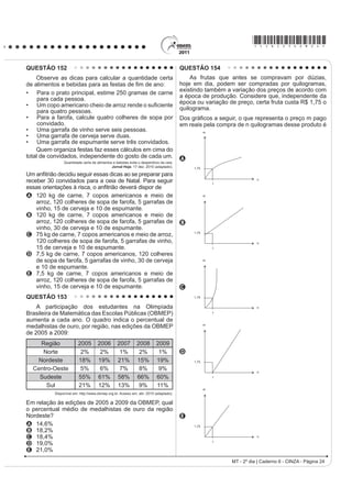 Disponível em: http://www.itaucultural.org.br. Acesso em: 27 jul. 2010.
                                                                                                                                                   Toca do Salitre - Piauí
     Nessa estranha dignidade e nesse abandono, o objeto                                               Disponível em: http://www.fumdham.org.br. Acesso em: 27 jul. 2010.
IRL H[DOWDGR GH PDQHLUD LOLPLWDGD H JDQKRX XP VLJQL¿FDGR
                                                                                                                    TEXTO II
TXH VH SRGH FRQVLGHUDU PiJLFR 'Dt VXD ³YLGD LQTXLHWDQWH
e absurda”. Tornou-se ídolo e, ao mesmo tempo, objeto de
zombaria. Sua realidade intrínseca foi anulada.
                 JAFFÉ, A. O simbolismo nas artes plásticas. In: JUNG, C.G. (org.).
              2 KRPHP H RV VHXV VtPERORV. Rio de Janeiro: Nova Fronteira, 2008.

A relação observada entre a imagem e o texto
apresentados permite o entendimento da intenção de
um artista contemporâneo. Neste caso, a obra apresenta
características
A IXQFLRQDLV H GH VR¿VWLFDomR GHFRUDWLYD
B futuristas e do abstrato geométrico.
C construtivistas e de estruturas modulares.
D abstracionistas e de releitura do objeto.
E ¿JXUDWLYDV H GH UHSUHVHQWDomR GR FRWLGLDQR                                                                                              Arte Urbana. Foto: Diego Singh
                                                                                                      Disponível em: http://www.diaadia.pr.gov.br. Acesso em: 27 jul. 2010.
QUESTÃO 114
                                                                                        2 JUD¿WH FRQWHPSRUkQHR FRQVLGHUDGR HP DOJXQV
                          1R FDSULFKR                                                   momentos como uma arte marginal, tem sido
    O Adãozinho, meu cumpade, enquanto esperava                                         comparado às pinturas murais de várias épocas e
pelo delegado, olhava para um quadro, a pintura de                                      jV HVFULWDV SUpKLVWyULFDV 2EVHUYDQGR DV LPDJHQV
uma senhora. Ao entrar a autoridade e percebendo que                                    apresentadas, é possível reconhecer elementos comuns
R FDE{FR DGPLUDYD WDO ¿JXUD SHUJXQWRX ³4XH WDO *RVWD                                 entre os tipos de pinturas murais, tais como
desse quadro?”                                                                          A D SUHIHUrQFLD SRU WLQWDV QDWXUDLV HP UD]mR GH VHX
    E o Adãozinho, com toda a sinceridade que Deus dá                                       efeito estético.
DR FDE{FR GD URoD ³0DV SHOR DPRU GH 'HXV KHLQ GRW{                                   B a inovação na técnica de pintura, rompendo com
4XH PXLp IHLD 3DUHFH ¿RWH GH FUXLVFUHGR SDUHQWH GR                                        modelos estabelecidos.
deus-me-livre, mais horríver que briga de cego no escuro.”                              C o registro do pensamento e das crenças das
                                                                                            sociedades em várias épocas.
    Ao que o delegado não teve como deixar de                                           D a repetição dos temas e a restrição de uso pelas
FRQIHVVDU XP SRXFR VHFDPHQWH ³e D PLQKD PmH´ (                                           classes dominantes.
R FDE{FR HP FLPD GD EXFKD QmR SHUGH D OLQKD ³0DLV                                    E o uso exclusivista da arte para atender aos interesses
dotô, inté que é uma feiura caprichada.”                                                    da elite.
                            BOLDRIN, R. $OPDQDTXH %UDVLO GH XOWXUD 3RSXODU.
              São Paulo: Andreato Comunicação e Cultura, nº 62, 2004 (adaptado).

Por suas características formais, por sua função e uso,
R WH[WR SHUWHQFH DR JrQHUR
A anedota, pelo enredo e humor característicos.
B crônica, pela abordagem literária de fatos do cotidiano.
C GHSRLPHQWR SHOD DSUHVHQWDomR GH H[SHULrQFLDV
  pessoais.
D relato, pela descrição minuciosa de fatos verídicos.
E reportagem, pelo registro impessoal de situações reais.
                                                                                                               LC - 2º dia | Caderno 6 - CINZA - Página 12
 