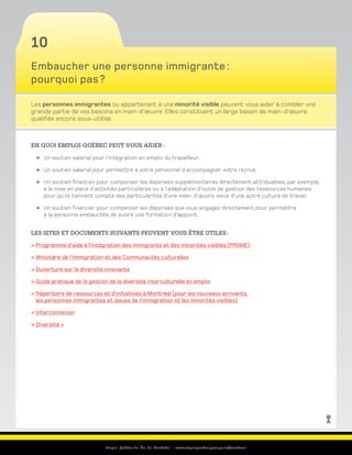 Emploi-Québec de l’Île-de-Montréal | www.emploiquebec.gouv.qc.ca/montreal
10
Embaucher une personne immigrante :
pourquoi pas ?
Les personnes immigrantes ou appartenant à une minorité visible peuvent vous aider à combler une
grande partie de vos besoins en main-d’œuvre. Elles constituent un large bassin de main-d’œuvre
qualifiée encore sous-utilisé.
En quoi Emploi-Québec peut vous aider :
Un soutien salarial pour l’intégration en emploi du travailleur.
Un soutien salarial pour permettre à votre personnel d’accompagner votre recrue.
Un soutien financier pour compenser les dépenses supplémentaires directement attribuables, par exemple,
à la mise en place d’activités particulières ou à l’adaptation d’outils de gestion des ressources humaines
pour qu’ils tiennent compte des particularités d’une main-d’œuvre issue d’une autre culture de travail.
Un soutien financier pour compenser les dépenses que vous engagez directement pour permettre
à la personne embauchée de suivre une formation d’appoint.
Les sites et documents suivants peuvent vous être utiles :
 Programme d’aide à l’intégration des immigrants et des minorités visibles (PRIIME)
 Ministère de l’Immigration et des Communautés culturelles
 Ouverture sur la diversité innovante
 Guide pratique de la gestion de la diversité interculturelle en emploi
 Répertoire de ressources et d’initiatives à Montréal (pour les nouveaux arrivants,
les personnes immigrantes et issues de l’immigration et les minorités visibles)
 Interconnexion
 Diversité +
retour
à la page
d’accueil
 