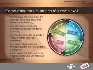 Empreender no mundo digital




Como estar em um mundo tão complexo?
• Parceria que realmente integre
  soluções eficientes dentro de
  conceitos end to end,
• que entenda o mundo do
  comércio, suas peculiaridades
  sazonais,
• que busque soluções de ponta e
  integre outros parceiros
  comerciais,
• que mantenha propostas
  inovadoras para criar visibilidade
  ao negócio.
• e que pense em modelagens de
  negócios onde vise um processo
  ganha-ganha.
 
