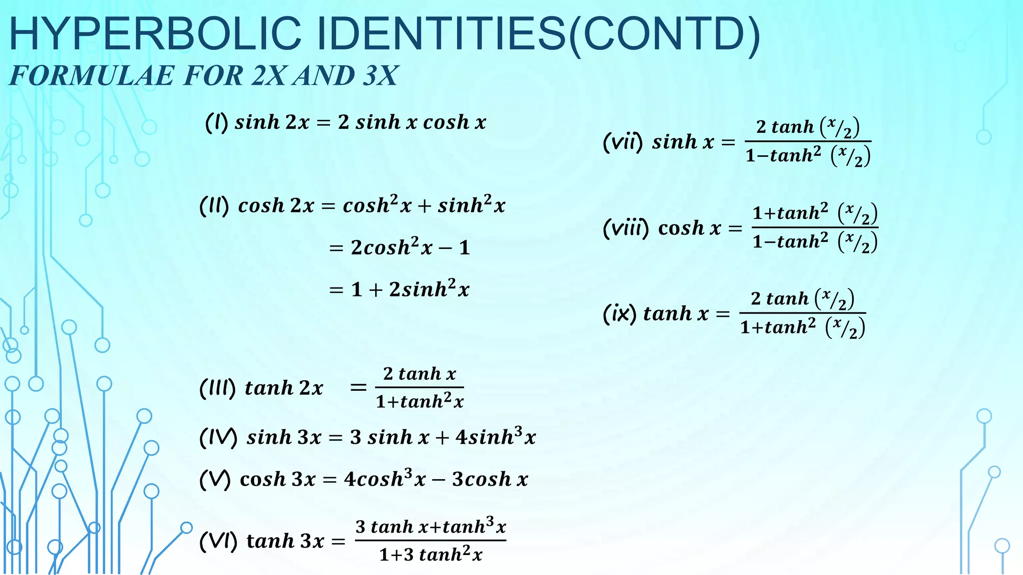 HYPERBOLIC IDENTITIES(CONTD)
FORMULAE FOR 2X AND 3X
(I) 𝒔𝒊𝒏𝒉 𝟐𝒙 = 𝟐 𝒔𝒊𝒏𝒉 𝒙 𝒄𝒐𝒔𝒉 𝒙
(II) 𝒄𝒐𝒔𝒉 𝟐𝒙 = 𝒄𝒐𝒔𝒉𝟐𝒙 + 𝒔𝒊𝒏𝒉𝟐𝒙
= 𝟐𝒄𝒐𝒔𝒉𝟐𝒙 − 𝟏
= 𝟏 + 𝟐𝒔𝒊𝒏𝒉𝟐
𝒙
(III) 𝒕𝒂𝒏𝒉 𝟐𝒙 =
𝟐 𝒕𝒂𝒏𝒉 𝒙
𝟏+𝒕𝒂𝒏𝒉𝟐𝒙
(IV) 𝒔𝒊𝒏𝒉 𝟑𝒙 = 𝟑 𝒔𝒊𝒏𝒉 𝒙 + 𝟒𝒔𝒊𝒏𝒉𝟑𝒙
(V) 𝐜𝐨𝒔𝒉 𝟑𝒙 = 𝟒𝒄𝒐𝒔𝒉𝟑
𝒙 − 𝟑𝒄𝒐𝒔𝒉 𝒙
(VI) 𝐭𝒂𝒏𝒉 𝟑𝒙 =
𝟑 𝒕𝒂𝒏𝒉 𝒙+𝒕𝒂𝒏𝒉𝟑𝒙
𝟏+𝟑 𝒕𝒂𝒏𝒉𝟐𝒙
(vii) 𝒔𝒊𝒏𝒉 𝒙 =
𝟐 𝒕𝒂𝒏𝒉 𝒙
𝟐
𝟏−𝒕𝒂𝒏𝒉𝟐 𝒙
𝟐
(viii) 𝐜𝐨𝒔𝒉 𝒙 =
𝟏+𝒕𝒂𝒏𝒉𝟐 𝒙
𝟐
𝟏−𝒕𝒂𝒏𝒉𝟐 𝒙
𝟐
(ix) 𝒕𝒂𝒏𝒉 𝒙 =
𝟐 𝒕𝒂𝒏𝒉 𝒙
𝟐
𝟏+𝒕𝒂𝒏𝒉𝟐 𝒙
𝟐
 