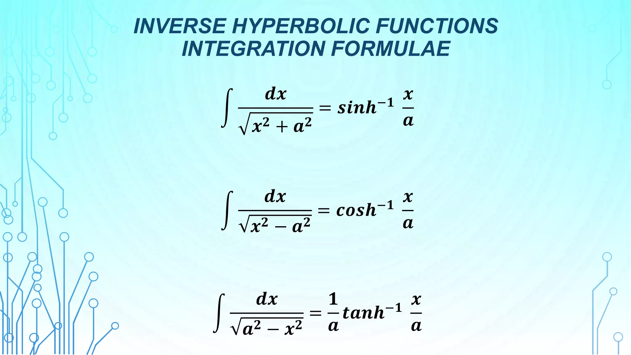 INVERSE HYPERBOLIC FUNCTIONS
INTEGRATION FORMULAE
𝒅𝒙
𝒙𝟐 + 𝒂𝟐
= 𝒔𝒊𝒏𝒉−𝟏
𝒙
𝒂
𝒅𝒙
𝒙𝟐 − 𝒂𝟐
= 𝒄𝒐𝒔𝒉−𝟏
𝒙
𝒂
𝒅𝒙
𝒂𝟐 − 𝒙𝟐
=
𝟏
𝒂
𝒕𝒂𝒏𝒉−𝟏
𝒙
𝒂
 