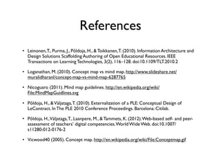 References
• Leinonen, T., Purma, J., Põldoja, H., & Toikkanen, T. (2010). Information Architecture and
  Design Solutions Scaffolding Authoring of Open Educational Resources. IEEE
  Transactions on Learning Technologies, 3(2), 116–128. doi:10.1109/TLT.2010.2

• Loganathan, M. (2010). Concept map vs mind map. http://www.slideshare.net/
  muralidharanl/concept-map-vs-mind-map-6287765

• Nicoguaro (2011). Mind map guidelines. http://en.wikipedia.org/wiki/
  File:MindMapGuidlines.svg

• Põldoja, H., & Väljataga, T. (2010). Externalization of a PLE: Conceptual Design of
  LeContract. In The PLE 2010 Conference Proceedings. Barcelona: Citilab.

• Põldoja, H.,Väljataga, T., Laanpere, M., & Tammets, K. (2012). Web-based self- and peer-
  assessment of teachers’ digital competencies. World Wide Web. doi:10.1007/
  s11280-012-0176-2

• Vicwood40 (2005). Concept map. http://en.wikipedia.org/wiki/File:Conceptmap.gif
 