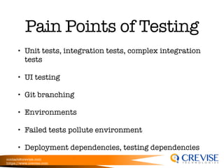 contact@crevise.com
https://www.crevise.com
@muktaa
Pain Points of Testing
• Unit tests, integration tests, complex integration
tests
• UI testing
• Git branching
• Environments
• Failed tests pollute environment
• Deployment dependencies, testing dependencies
 