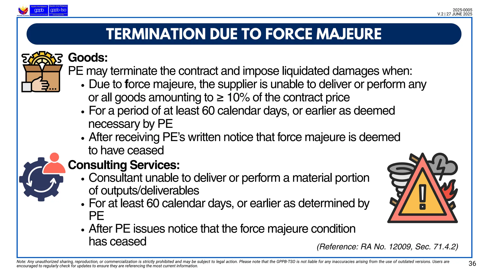 t
TERMINATION DUE TO FORCE MAJEURE
Note: Any unauthorized sharing, reproduction, or commercialization is strictly prohibited and may be subject to legal action. Please note that the GPPB-TSO is not liable for any inaccuracies arising from the use of outdated versions. Users are
encouraged to regularly check for updates to ensure they are referencing the most current information. 36
2025-0005
V.2 | 27 JUNE 2025
(Reference: RA No. 12009, Sec. 71.4.2)
Goods:
PE may terminate the contract and impose liquidated damages when:
Due to force majeure, the supplier is unable to deliver or perform any
or all goods amounting to ≥ 10% of the contract price
For a period of at least 60 calendar days, or earlier as deemed
necessary by PE
After receiving PE’s written notice that force majeure is deemed
to have ceased
Consulting Services:
Consultant unable to deliver or perform a material portion
of outputs/deliverables
For at least 60 calendar days, or earlier as determined by
PE
After PE issues notice that the force majeure condition
has ceased
 