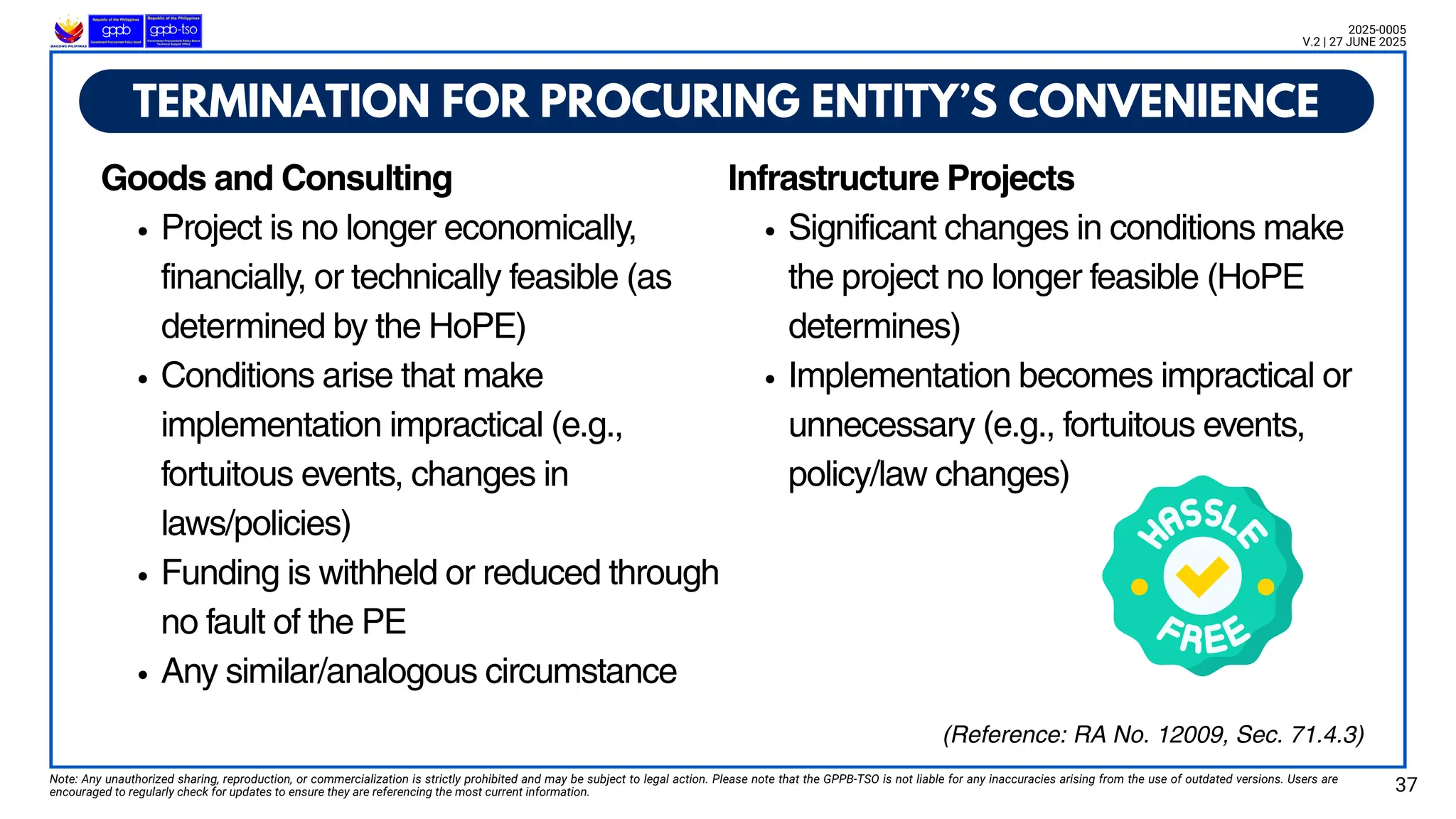t
TERMINATION FOR PROCURING ENTITY’S CONVENIENCE
Note: Any unauthorized sharing, reproduction, or commercialization is strictly prohibited and may be subject to legal action. Please note that the GPPB-TSO is not liable for any inaccuracies arising from the use of outdated versions. Users are
encouraged to regularly check for updates to ensure they are referencing the most current information. 37
2025-0005
V.2 | 27 JUNE 2025
(Reference: RA No. 12009, Sec. 71.4.3)
Goods and Consulting
Project is no longer economically,
financially, or technically feasible (as
determined by the HoPE)
Conditions arise that make
implementation impractical (e.g.,
fortuitous events, changes in
laws/policies)
Funding is withheld or reduced through
no fault of the PE
Any similar/analogous circumstance
Infrastructure Projects
Significant changes in conditions make
the project no longer feasible (HoPE
determines)
Implementation becomes impractical or
unnecessary (e.g., fortuitous events,
policy/law changes)
 