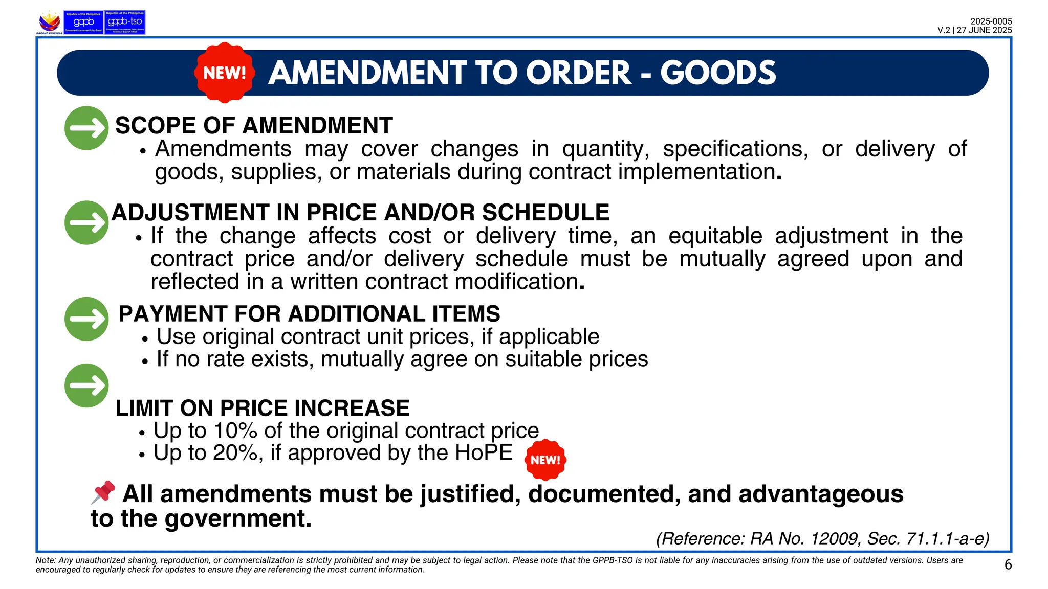 Use original contract unit prices, if applicable
If no rate exists, mutually agree on suitable prices
AMENDMENT TO ORDER - GOODS
Note: Any unauthorized sharing, reproduction, or commercialization is strictly prohibited and may be subject to legal action. Please note that the GPPB-TSO is not liable for any inaccuracies arising from the use of outdated versions. Users are
encouraged to regularly check for updates to ensure they are referencing the most current information. 6
2025-0005
V.2 | 27 JUNE 2025
(Reference: RA No. 12009, Sec. 71.1.1-a-e)
SCOPE OF AMENDMENT
Amendments may cover changes in quantity, specifications, or delivery of
goods, supplies, or materials during contract implementation.
ADJUSTMENT IN PRICE AND/OR SCHEDULE
If the change affects cost or delivery time, an equitable adjustment in the
contract price and/or delivery schedule must be mutually agreed upon and
reflected in a written contract modification.
LIMIT ON PRICE INCREASE
Up to 10% of the original contract price
Up to 20%, if approved by the HoPE
PAYMENT FOR ADDITIONAL ITEMS
Use original contract unit prices, if applicable
If no rate exists, mutually agree on suitable prices
📌All amendments must be justified, documented, and advantageous
to the government.
 