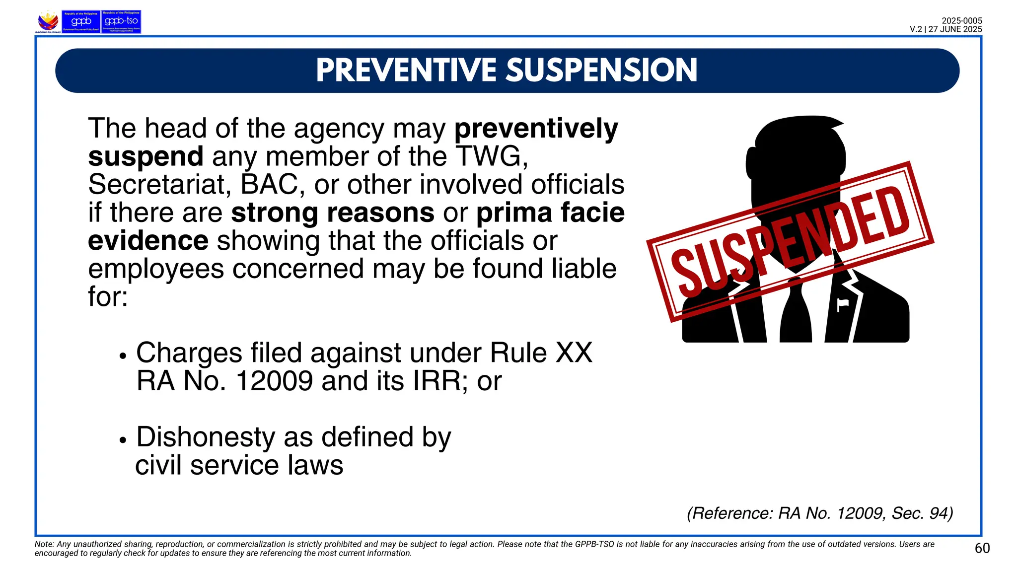 PREVENTIVE SUSPENSION
Note: Any unauthorized sharing, reproduction, or commercialization is strictly prohibited and may be subject to legal action. Please note that the GPPB-TSO is not liable for any inaccuracies arising from the use of outdated versions. Users are
encouraged to regularly check for updates to ensure they are referencing the most current information. 60
2025-0005
V.2 | 27 JUNE 2025
(Reference: RA No. 12009, Sec. 94)
The head of the agency may preventively
suspend any member of the TWG,
Secretariat, BAC, or other involved officials
if there are strong reasons or prima facie
evidence showing that the officials or
employees concerned may be found liable
for:
Charges filed against under Rule XX
RA No. 12009 and its IRR; or
Dishonesty as defined by
civil service laws
 
