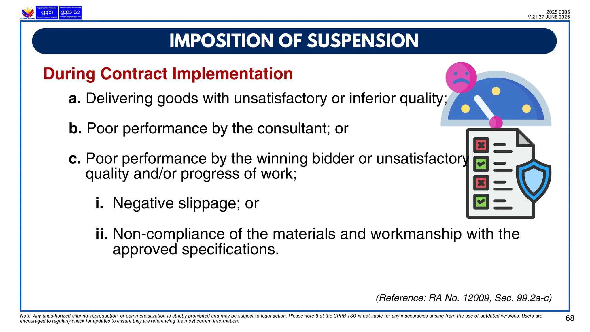 IMPOSITION OF SUSPENSION
Note: Any unauthorized sharing, reproduction, or commercialization is strictly prohibited and may be subject to legal action. Please note that the GPPB-TSO is not liable for any inaccuracies arising from the use of outdated versions. Users are
encouraged to regularly check for updates to ensure they are referencing the most current information. 68
2025-0005
V.2 | 27 JUNE 2025
(Reference: RA No. 12009, Sec. 99.2a-c)
During Contract Implementation
a. Delivering goods with unsatisfactory or inferior quality;
b. Poor performance by the consultant; or
c. Poor performance by the winning bidder or unsatisfactory
quality and/or progress of work;
i. Negative slippage; or
ii. Non-compliance of the materials and workmanship with the
approved specifications.
 