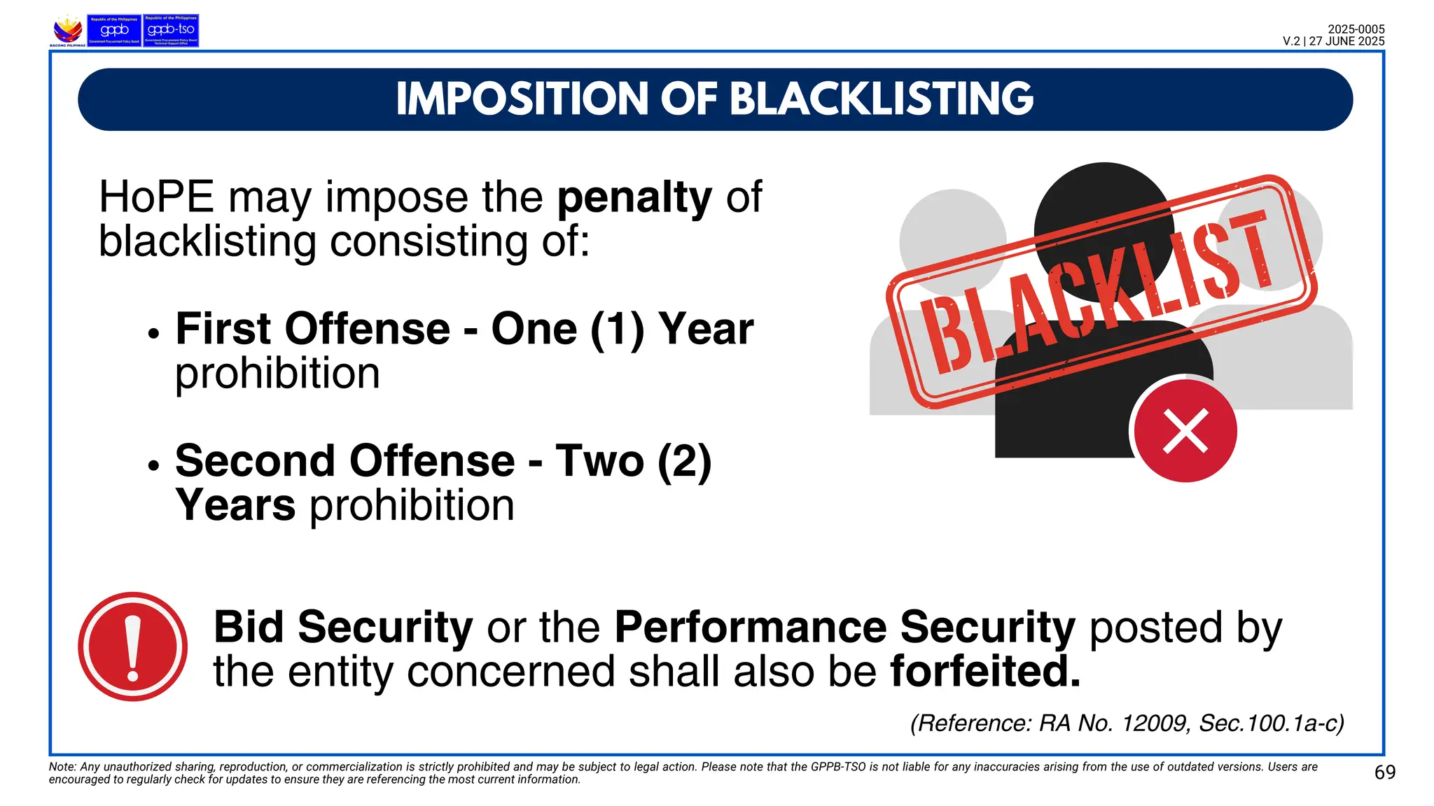 IMPOSITION OF BLACKLISTING
Note: Any unauthorized sharing, reproduction, or commercialization is strictly prohibited and may be subject to legal action. Please note that the GPPB-TSO is not liable for any inaccuracies arising from the use of outdated versions. Users are
encouraged to regularly check for updates to ensure they are referencing the most current information. 69
2025-0005
V.2 | 27 JUNE 2025
(Reference: RA No. 12009, Sec.100.1a-c)
HoPE may impose the penalty of
blacklisting consisting of:
First Offense - One (1) Year
prohibition
Second Offense - Two (2)
Years prohibition
Bid Security or the Performance Security posted by
the entity concerned shall also be forfeited.
 