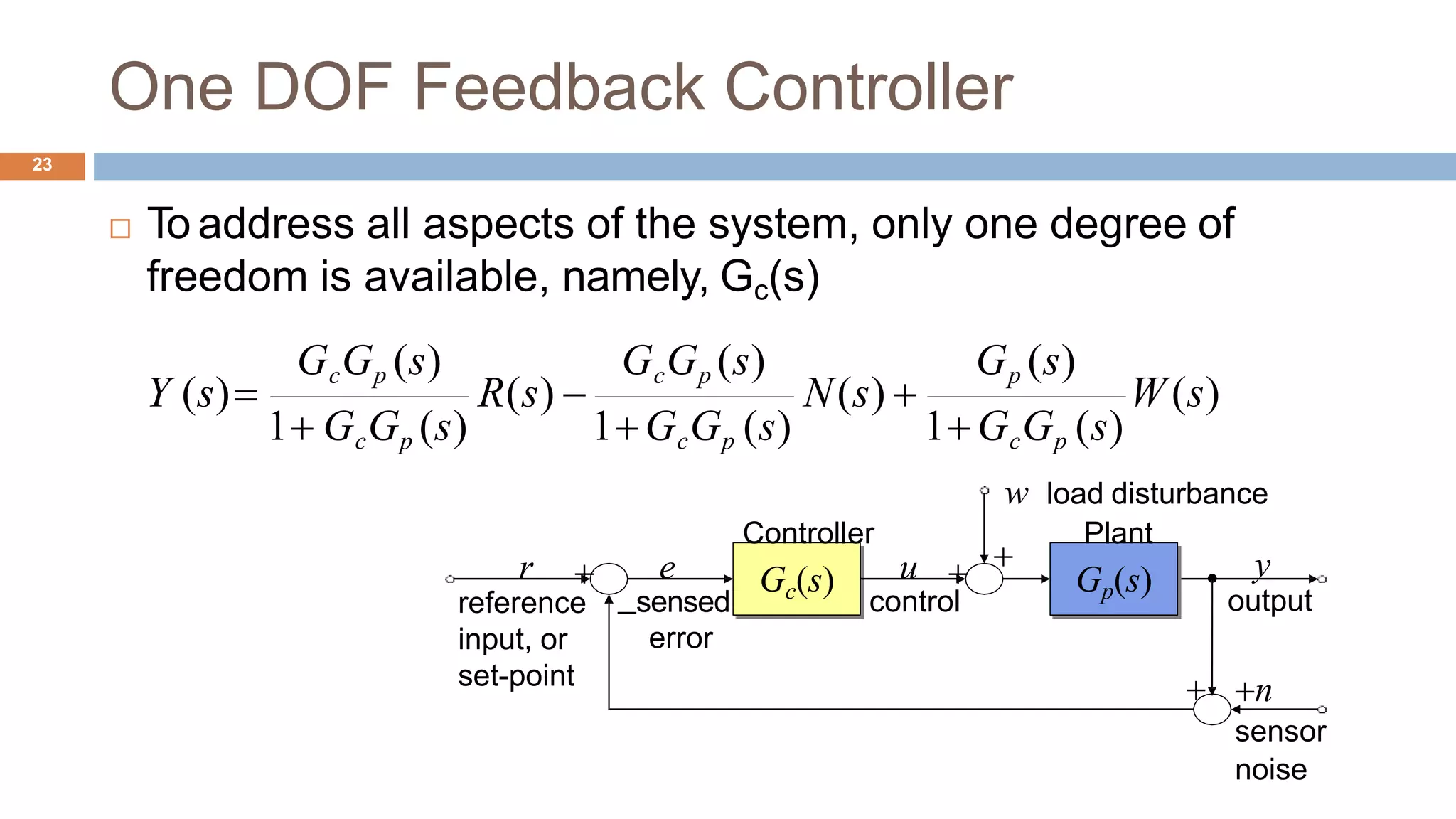 One DOF Feedback Controller
23
 To address all aspects of the system, only one degree of
freedom is available, namely, Gc(s)
W(s)
Gp (s)GcGp (s) GcGp (s)
1GcGp (s)
R(s)  N(s) 
1 GcGp (s) 1GcGp (s)
Y (s)
Gc(s)
Controller
 n
sensor
noise

w load disturbance

Gp(s)
Plant
u
control
y
output
r
reference
input, or
set-point
e
sensed
error
 