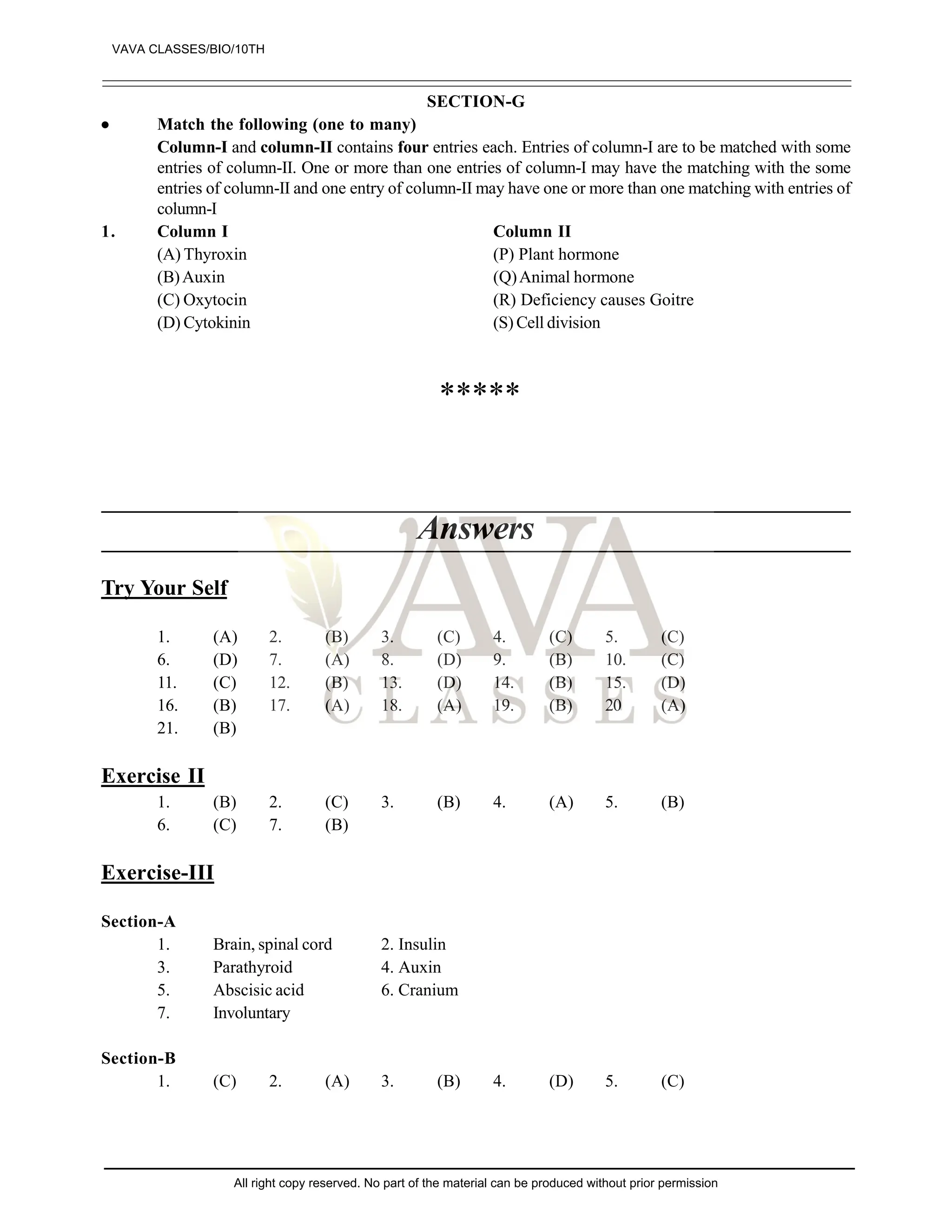 SECTION-G
 Match the following (one to many)
Column-I and column-II contains four entries each. Entries of column-I are to be matched with some
entries of column-II. One or more than one entries of column-I may have the matching with the some
entries of column-II and one entry of column-II may have one or more than one matching with entries of
column-I
1. Column I Column II
(A) Thyroxin (P) Plant hormone
(B)Auxin (Q)Animal hormone
(C) Oxytocin (R) Deficiency causes Goitre
(D) Cytokinin (S) Cell division
*****
Answers
Try Your Self
1. (A) 2. (B) 3. (C) 4. (C) 5. (C)
6. (D) 7. (A) 8. (D) 9. (B) 10. (C)
11. (C) 12. (B) 13. (D) 14. (B) 15. (D)
16. (B) 17. (A) 18. (A) 19. (B) 20 (A)
21. (B)
Exercise II
1. (B) 2. (C) 3. (B) 4. (A) 5. (B)
6. (C) 7. (B)
Exercise-III
Section-A
1. Brain, spinal cord 2. Insulin
3. Parathyroid 4. Auxin
5. Abscisic acid 6. Cranium
7. Involuntary
Section-B
1. (C) 2. (A) 3. (B) 4. (D) 5. (C)
VAVA CLASSES/BIO/10TH
All right copy reserved. No part of the material can be produced without prior permission
 
