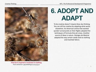 9
|
MTL: The Professional Development Programme
Creative Thinking
6. ADOPT AND
ADAPT
To be creative doesn't require blue-sky thinking.
You can still be creative by adapting what works
elsewhere. An American airline that wanted
quicker turnarounds on their flights adopted the
techniques of Formula One pit crews. Another
source of ideas is nature. Georges de Mestral
adapted the way certain seeds stick to clothing
and invented Velcro.
How burrs inspired a revolution in clothing
Flickr attribution: /garyhebding/21271515552/
 