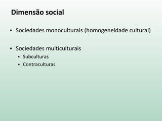 Dimensão social
 Sociedades monoculturais (homogeneidade cultural)
 Sociedades multiculturais
 Subculturas
 Contraculturas
 