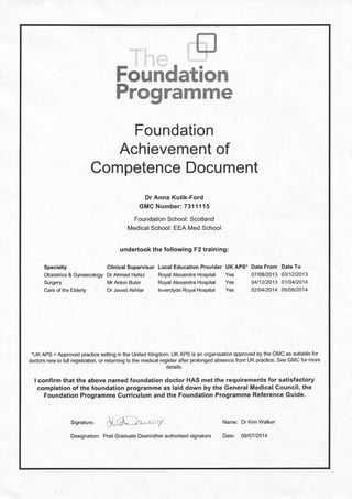 Foundation Programme Achievement of Competence