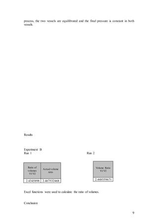 9
process, the two vessels are equilibrated and the final pressure is constant in both
vessels.
Results
Experiment B
Run 1 Run 2
Excel functions were used to calculate the ratio of volumes.
Conclusion
Volume Ratio
V1/V2
2.448559671
Ratio of
volumes
V1/V2
Actual volume
ratio
2.4345898 2.467532468
 