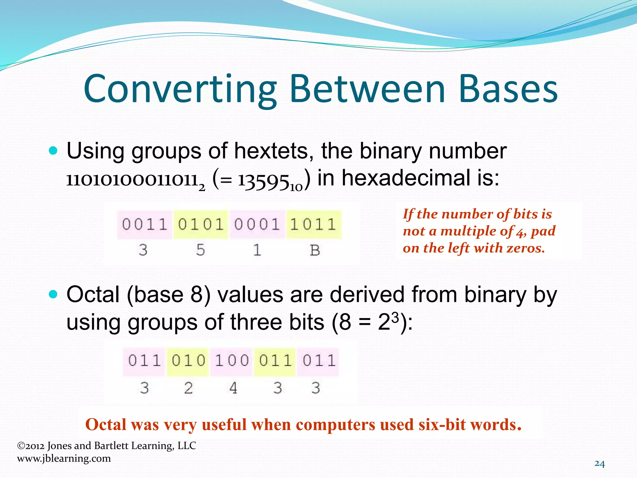 24
Converting Between Bases
 Using groups of hextets, the binary number
110101000110112 (= 1359510) in hexadecimal is:
 Octal (base 8) values are derived from binary by
using groups of three bits (8 = 23):
Octal was very useful when computers used six-bit words.
If the number of bits is
not a multiple of 4, pad
on the left with zeros.
2012 Jones and Bartlett Learning, LLC
www.jblearning.com
 