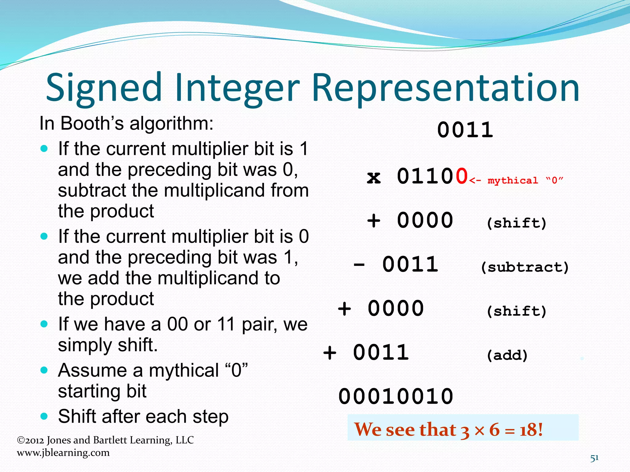 51
Signed Integer Representation
In Booth’s algorithm:
 If the current multiplier bit is 1
and the preceding bit was 0,
subtract the multiplicand from
the product
 If the current multiplier bit is 0
and the preceding bit was 1,
we add the multiplicand to
the product
 If we have a 00 or 11 pair, we
simply shift.
 Assume a mythical “0”
starting bit
 Shift after each step
0011
x 01100<- mythical “0”
+ 0000 (shift)
- 0011 (subtract)
+ 0000 (shift)
+ 0011 (add) .
00010010
We see that 3  6 = 18!2012 Jones and Bartlett Learning, LLC
www.jblearning.com
 