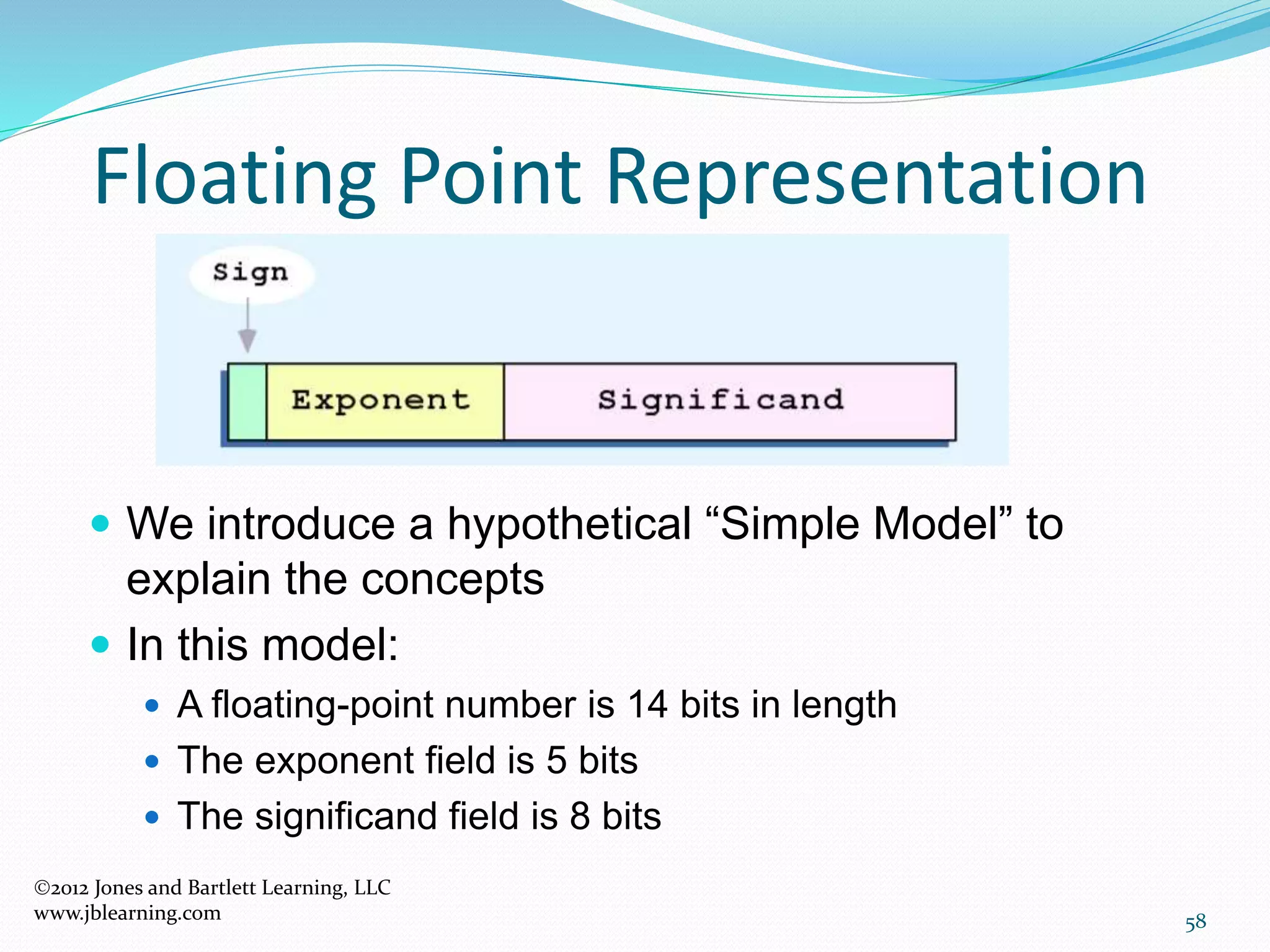 58
Floating Point Representation
2012 Jones and Bartlett Learning, LLC
www.jblearning.com
 We introduce a hypothetical “Simple Model” to
explain the concepts
 In this model:
 A floating-point number is 14 bits in length
 The exponent field is 5 bits
 The significand field is 8 bits
 