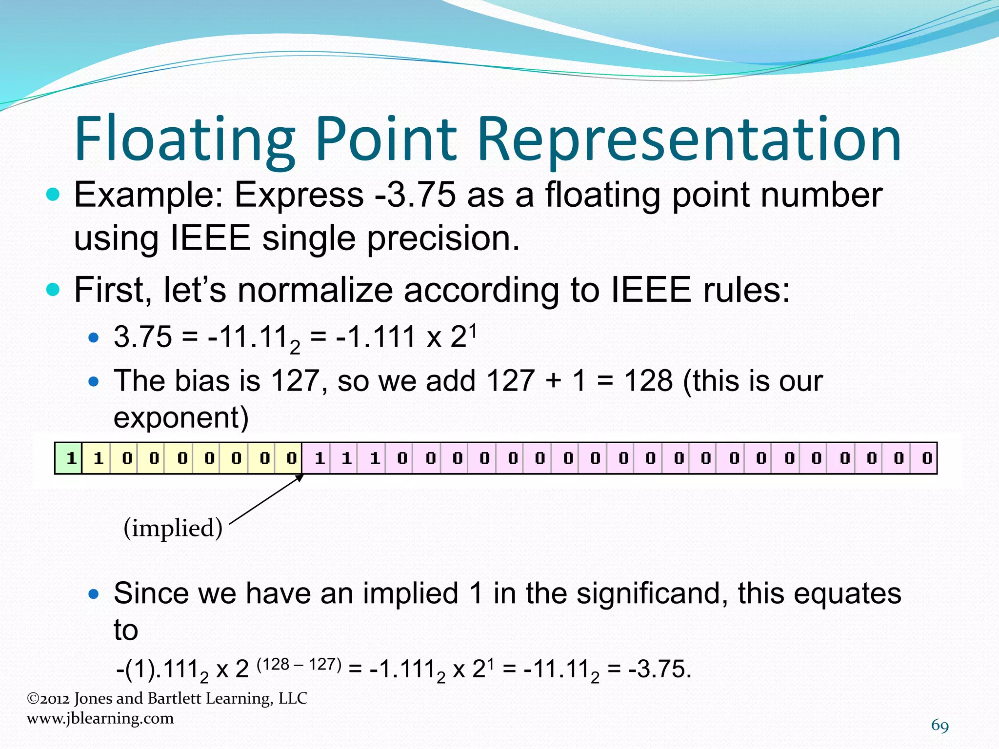 69
Floating Point Representation
2012 Jones and Bartlett Learning, LLC
www.jblearning.com
 Example: Express -3.75 as a floating point number
using IEEE single precision.
 First, let’s normalize according to IEEE rules:
 3.75 = -11.112 = -1.111 x 21
 The bias is 127, so we add 127 + 1 = 128 (this is our
exponent)
 The first 1 in the significand is implied, so we have:
 Since we have an implied 1 in the significand, this equates
to
-(1).1112 x 2 (128 – 127) = -1.1112 x 21 = -11.112 = -3.75.
(implied)
 