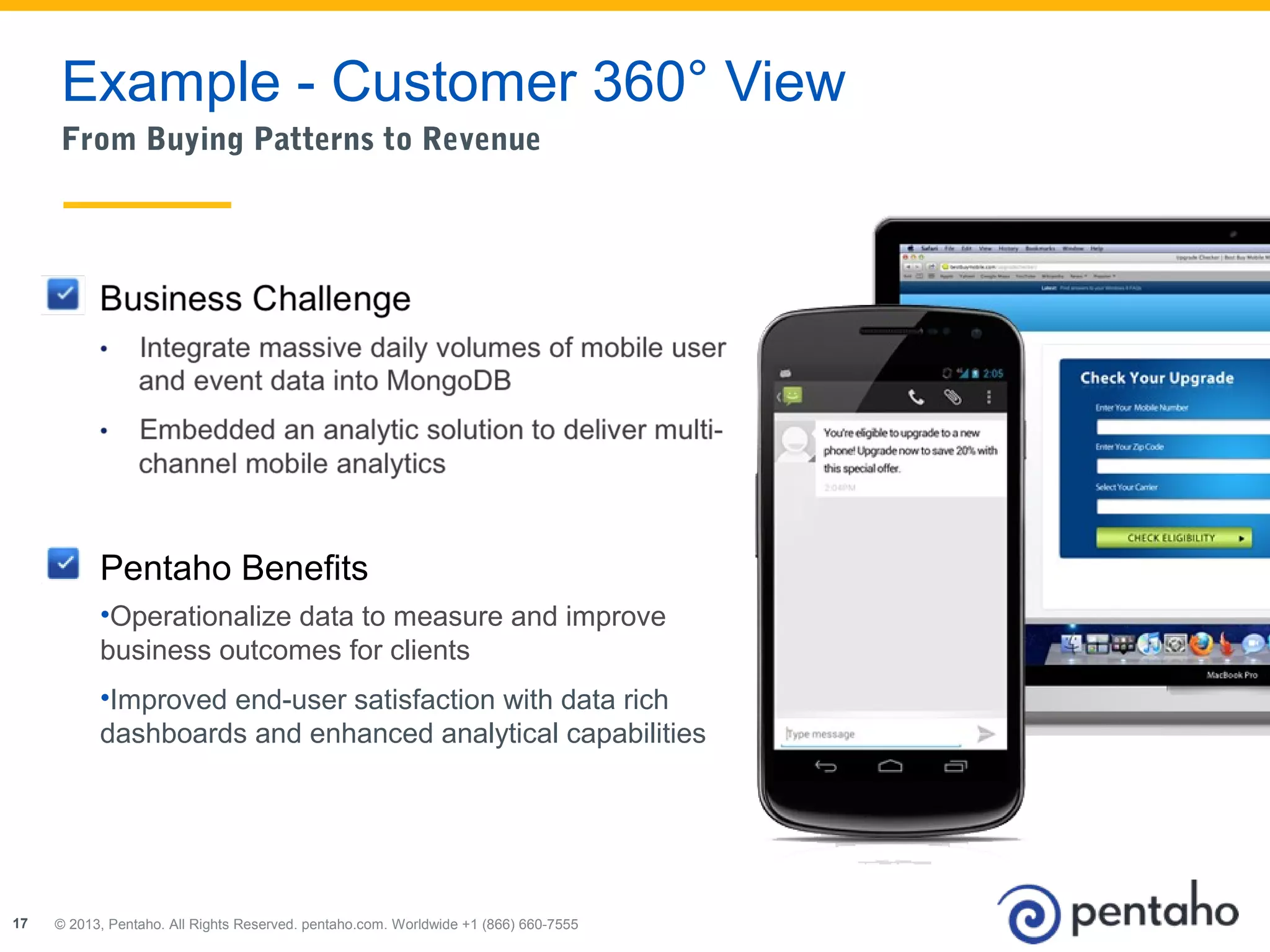 Example - Customer 360° View 
From Buying Patterns to Revenue 
Pentaho Benefits 
•Operationalize data to measure and improve 
business outcomes for clients 
•Improved end-user satisfaction with data rich 
dashboards and enhanced analytical capabilities 
© 2013, Pentaho. All Rights Reserved. pentaho.com. Worldwide 17 +1 (866) 660-7555 
 