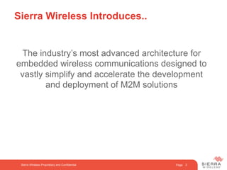 Page
 The industry’s most advanced architecture for
embedded wireless communications designed to
vastly simplify and accelerate the development
and deployment of M2M solutions
Sierra Wireless Introduces..
Sierra Wireless Proprietary and Confidential 2
 