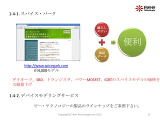 1-4-1. スパイス・パーク


                                                         購入し
                                                         やすい



                                                                便利
                                                         検証
                                                         データ

    http://www.spicepark.com
          約4,000モデル

 ダイオード、SBD、トランジスタ、パワーMOSFET、IGBTのスパイスモデルの価格を
 大幅値下げ

1-4-2. デバイスモデリングサービス

         ビー・テクノロジーの製品のラインナップをご参照下さい。

                      Copyright (C) Bee Technologies Inc.2012        15
 