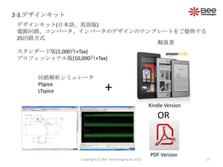 2-3.デザインキット
 デザインキット(日本語、英語版)
 電源回路、コンバータ、インバータのデザインのテンプレートをご提供する
 25回路方式
                          解説書
 スタンダード版(1,000円+Tax)
 プロフェッショナル版(10,000円+Tax)


      回路解析シミュレータ
      PSpice
      LTspice                   +
                                                           Kindle Version
                                                              OR


                                                           PDF Version
                 Copyright (C) Bee Technologies Inc.2012                    17
 