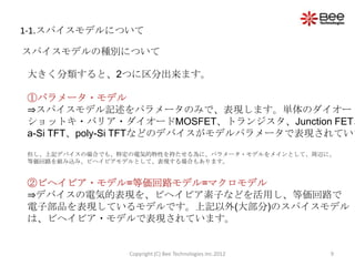 1-1.スパイスモデルについて

スパイスモデルの種別について

大きく分類すると、2つに区分出来ます。

①パラメータ・モデル
⇒スパイスモデル記述をパラメータのみで、表現します。単体のダイオード
ショットキ・バリア・ダイオードMOSFET、トランジスタ、Junction FET、
a-Si TFT、poly-Si TFTなどのデバイスがモデルパラメータで表現されていま

但し、上記デバイスの場合でも、特定の電気的特性を持たせる為に、パラメータ・モデルをメインとして、周辺に、
等価回路を組み込み、ビヘイビアモデルとして、表現する場合もあります。


②ビヘイビア・モデル=等価回路モデル=マクロモデル
⇒デバイスの電気的表現を、ビヘイビア素子などを活用し、等価回路で
電子部品を表現しているモデルです。上記以外(大部分)のスパイスモデル
は、ビヘイビア・モデルで表現されています。


                 Copyright (C) Bee Technologies Inc.2012   9
 