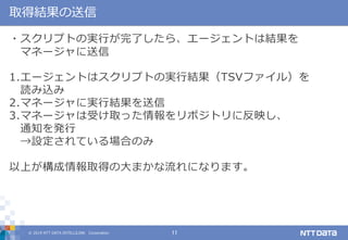 © 2019 NTT DATA INTELLILINK Corporation 11
取得結果の送信
・スクリプトの実行が完了したら、エージェントは結果を
マネージャに送信
1.エージェントはスクリプトの実行結果（TSVファイル）を
読み込み
2.マネージャに実行結果を送信
3.マネージャは受け取った情報をリポジトリに反映し、
通知を発行
→設定されている場合のみ
以上が構成情報取得の大まかな流れになります。
 