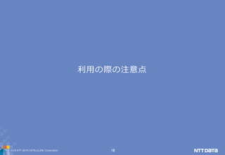 © 2019 NTT DATA INTELLILINK Corporation 18
利用の際の注意点
 
