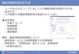 © 2019 NTT DATA INTELLILINK Corporation 5
構成情報取得設定作成
・ユーザはどのスコープに対してどの構成情報を取得するかを
設定する
・この段階では構成情報取得は実施されていない
■設定項目
・対象スコープ
・取得間隔
・取得対象
・通知種別
備考：構成情報取得間隔について
・通常取得：6,12,24時間間隔での定期取得
・即時取得：「即時取得」実行による、即時取得
→詳細は後ほど
 