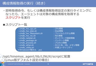 © 2019 NTT DATA INTELLILINK Corporation 8
構成情報取得の実行（続き）
・即時取得命令、もしくは構成情報取得設定の実行タイミングに
なったら、エージェントは対象の構成情報を取得する
スクリプトを実行
■スクリプト一覧
/opt/hinemos_agent/lib/LINUX/scriptに配置
（Linux版デフォルト設定の場合）
・cmdb_hw_cpu.sh ：CPU情報
・cmdb_hw_disk.sh ：Disk情報
・cmdb_hw_filesystem.sh ：ファイルシステム情報
・cmdb_hw_nic.sh ：NIC情報
・cmdb_netstat.sh ：ネットワーク接続情報
・cmdb_package.sh ：パッケージ情報
・cmdb_process.sh ：プロセス情報
・cmdb_other.sh ：ホスト名、OS、メモリ情報
・cmdb_utility.sh ：共通ユーティリティ
※Windowsの場合は、.ps1
 