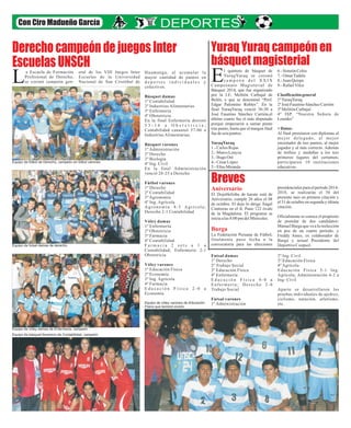 Derecho campeón de juegos Inter 
Escuelas UNSCH 
Yuraq Yuraq campeón en 
básquet magisterial 
Breves 
Con Ciro Madueño García 
l quinteto de básquet de 
YuraqYuraq se coronó 
c amp e ó n d e l X X I X ECampeonato Magisterial de 
Básquet 2014, que fue organizado 
por la I.E. Melitón Carbajal de 
Belén, y que se denominó “Prof. 
Edgar Palomino Robles”. En la 
final YuraqYuraq venció 36-30 a 
José Faustino Sánchez Carrión,el 
último cuarto fue el más disputado 
porque empezaron a sumar punto 
tras punto, hasta que el margen final 
fue de seis puntos. 
YuraqYuraq 
1.- Carlos Rojas 
2.- Marco Loayza 
3.- Hugo Oré 
4.- César López 
5.- Elías Miranda 
Aniversario 
El DojoHefziba de karate está de 
Aniversario, cumple 26 años el 08 
de octubre. El dojo lo dirige Ángel 
Contreras en el Jr. Puno 122 óvalo 
de la Magdalena. El programa se 
inicia a las 8:00 pm del Miércoles. 
Burga 
La Federación Peruana de Fútbol, 
finalmente puso fecha a la 
convocatoria para las elecciones 
6.- Simeón Colos 
7.- Omar Tudela 
8.- Juan Quispe 
9.- Rafael Vilca 
Clasificación general 
1º YuraqYuraq 
2º José Faustino Sánchez Carrión 
3º Melitón Carbajal 
4º ISP. “Nuestra Señora de 
Lourdes” 
+ Datos: 
Al final premiaron con diplomas al 
me j o r d e l e g a d o , a l me j o r 
encestador de tres puntos, al mejor 
jugador y al más correcto. Además 
de trofeos y medallas a los tres 
primeros lugares del certamen; 
participaron 10 instituciones 
educativas. 
presidenciales para el período 2014- 
2018, se realizarán el 30 del 
presente mes en primera citación y 
el 31 de octubre en segunda y última 
citación. 
Oficialmente se conoce el propósito 
de postular de dos candidatos: 
Manuel Burga que va a la reelección 
en pos de un cuarto período, y 
Freddy Ames, ex colaborador de 
Burga y actual Presidente del 
Deportivo Coopsol. 
a Escuela de Formación 
Profesional de Derecho, 
se coronó campeón gen- L Huamanga, al acumular la 
mayor cantidad de puntos en 
d e p o r t e s i n d i v i d u a l e s y 
colectivos. 
Básquet damas 
1º Contabilidad 
2º Industrias Alimentarias 
3º Enfermería 
4º Obstetricia 
En la final Enfermería derrotó 
3 3 - 1 6 a O b s t e t r i c i a ; 
Contabilidad canasteó 57-06 a 
Industrias Alimentarias. 
Básquet varones 
1º Administración 
2º Derecho 
3º Biología 
4º Ing. Civil 
En la final Administración 
venció 28-25 a Derecho 
Fútbol varones 
1º Derecho 
2º Contabilidad 
3º Agronomía 
4º Ing. Agrícola 
Ag r o n omí a 4 - 3 Ag r í c o l a ; 
Derecho 2-1 Contabilidad 
Vóley damas 
1º Enfermería 
2º Obstetricia 
3º Farmacia 
4º Contabilidad 
F a r m a c i a 2 s e t s a 1 a 
Contabilidad; Enfermería 2-1 
Obstetricia 
Vóley varones 
1º Educación Física 
2º Economía 
3º Ing. Agrícola 
4º Farmacia 
E d u c a c i ó n F í s i c a 2 - 0 a 
Economía 
eral de los VIII Juegos Inter 
Escuelas de la Universidad 
Nacional de San Cristóbal de 
Equipo de fútbol de Derecho, campeón en fútbol varones. 
Equipo de futsal damas de derecho. 
Equipo de vóley damas de Enfermería, campeón 
Equipo de básquet femenino de Contabilidad, campeón 
Equipo de vóley varones de Educación 
Física que terminó invicto 
Futsal damas 
1º Derecho 
2º Trabajo Social 
3º Educación Física 
4º Enfermería 
E d u c a c i ó n F í s i c a 4 - 0 a 
En f e rme r í a ; De r e c h o 2 - 0 
Trabajo Social 
Futsal varones 
1º Administración 
2º Ing. Civil 
3º Educación Física 
4º Agrícola 
Educación Física 5-1 Ing. 
Agrícola; Administración 4-2 a 
Ing- Civil 
Aparte se desarrollaron las 
pruebas individuales de ajedrez, 
ciclismo, natación, atletismo, 
etc. 
