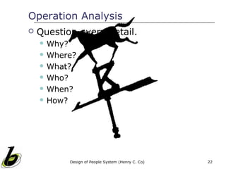 Operation Analysis
   Question every detail.
     Why?

     Where?

     What?

     Who?

     When?

     How?




             Design of People System (Henry C. Co)   22
 