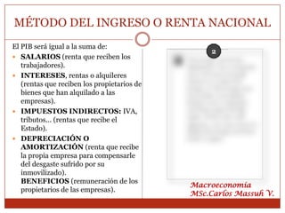 MÉTODO DEL INGRESO O RENTA NACIONAL
El PIB será igual a la suma de:
                                                  2
 SALARIOS (renta que reciben los
   trabajadores).
 INTERESES, rentas o alquileres
   (rentas que reciben los propietarios de
   bienes que han alquilado a las
   empresas).
 IMPUESTOS INDIRECTOS: IVA,
   tributos... (rentas que recibe el
   Estado).
 DEPRECIACIÓN O
   AMORTIZACIÓN (renta que recibe
   la propia empresa para compensarle
   del desgaste sufrido por su
   inmovilizado).
   BENEFICIOS (remuneración de los
                                             Macroeconomía
   propietarios de las empresas).
                                             MSc.Carlos Massuh V.
 