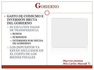 GOBIERNO
 GASTO DE CONSUMO E
 INVERSIÓN BRUTA
 DEL GOBIERNO
    SE EXCLUYEN PAGOS
     DE TRANSFERENCIA
      BONOS
      SUBSIDIOS
      INTERESES POR DEUDA
       DE GOBIERNO
    LOS IMPUESTOS YA
     ESTÁN INCLUIDOS EN
     EL COSTO DE LOS
     BIENES FINALES
                               Macroeconomía
                               MSc.Carlos Massuh V.
 