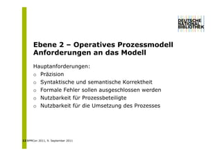 Ebene 2 – O
       Eb        Operatives Prozessmodell
                      ti    P        d ll
       Anforderungen an das Modell
       Hauptanforderungen:
       o Präzision
       o Syntaktische und semantische Korrektheit
       o Formale Fehler sollen ausgeschlossen werden
       o Nutzbarkeit für Prozessbeteiligte
             b k     f          b    l
       o Nutzbarkeit für die Umsetzung des Prozesses




12 BPMCon 2011, 9. September 2011
 