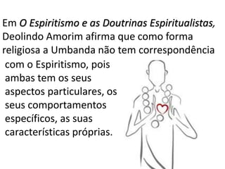 Em O Espiritismo e as Doutrinas Espiritualistas,
Deolindo Amorim afirma que como forma
religiosa a Umbanda não tem correspondência
com o Espiritismo, pois
ambas tem os seus
aspectos particulares, os
seus comportamentos
específicos, as suas
características próprias.
 