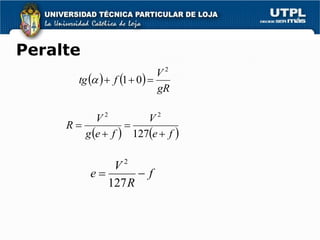Peralte
                             V2
       tg    f 1  0 
                             gR

           V2         V2
     R           
        g e  f  127e  f 

              V2
          e       f
             127 R
 