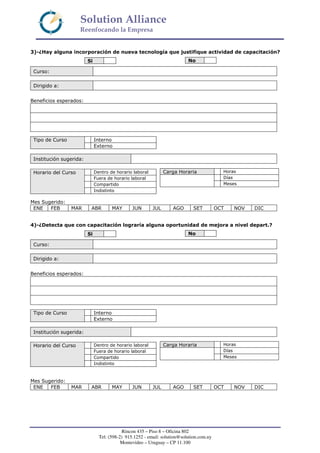 Solution Alliance
Reenfocando la Empresa
Rincon 435 – Piso 8 – Oficina 802
Tel: (598-2) 915.1252 - email: solution@solution.com.uy
Montevideo – Uruguay – CP 11.100
3)-¿Hay alguna incorporación de nueva tecnología que justifique actividad de capacitación?
Curso:
Dirigido a:
Beneficios esperados:
Institución sugerida:
Mes Sugerido:
ENE FEB MAR ABR MAY JUN JUL AGO SET OCT NOV DIC
4)-¿Detecta que con capacitación lograría alguna oportunidad de mejora a nivel depart.?
Curso:
Dirigido a:
Beneficios esperados:
Institución sugerida:
Mes Sugerido:
ENE FEB MAR ABR MAY JUN JUL AGO SET OCT NOV DIC
Si No
InternoTipo de Curso
Externo
Carga Horaria Horas
Días
Meses
Dentro de horario laboral
Fuera de horario laboral
Compartido
Horario del Curso
Indistinto
Si No
InternoTipo de Curso
Externo
Carga Horaria Horas
Días
Meses
Dentro de horario laboral
Fuera de horario laboral
Compartido
Horario del Curso
Indistinto
 